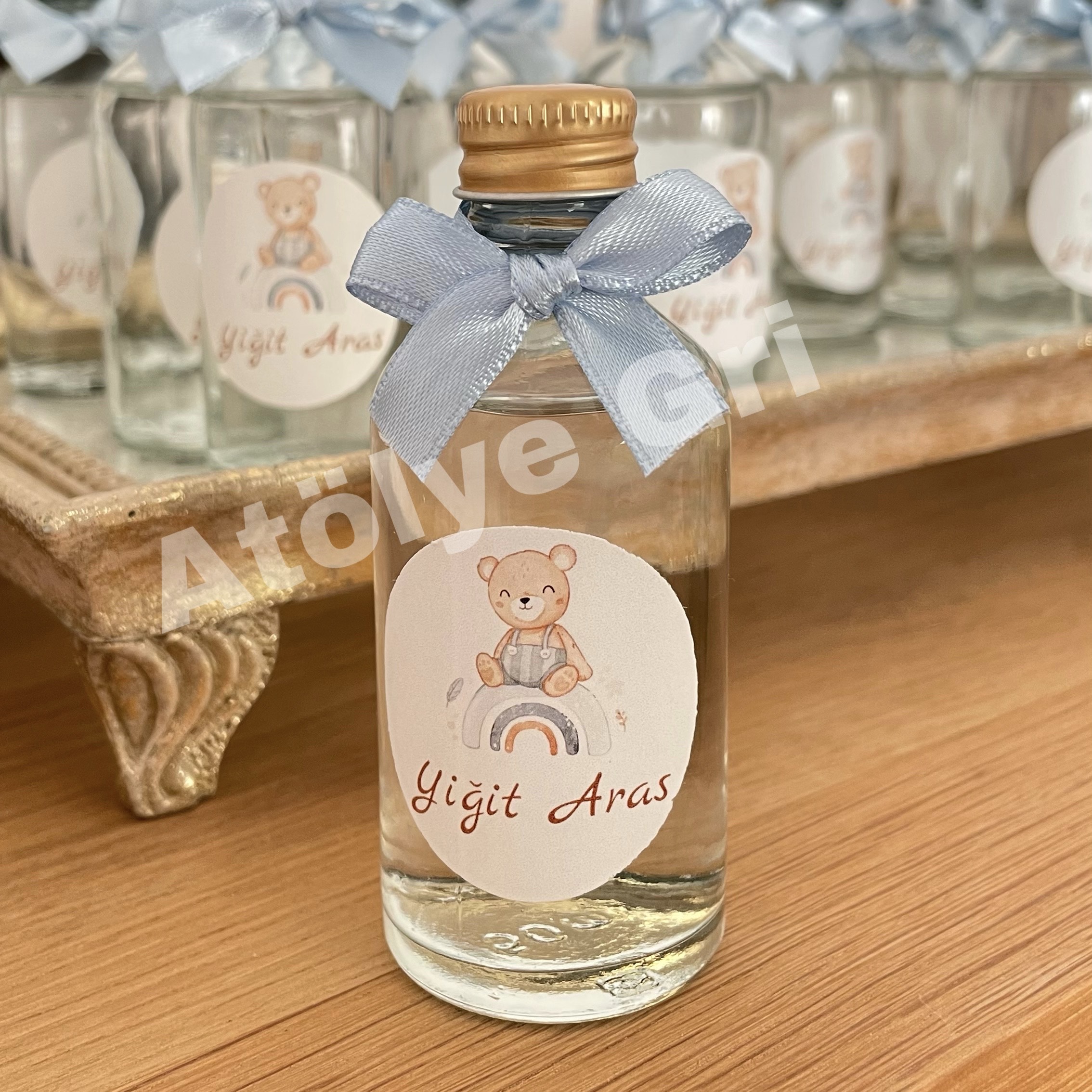 Hediyelik Cam Şişe Kolonya 50 ml / Gökkuşağı ve Ayıcık