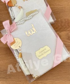 İnci Tesbi ve Gri Renkli Kadife Yasin Kitabı Seti - Mevlüt Hediyelikleri