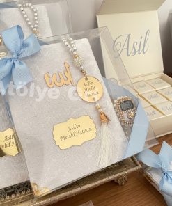 İnci Tesbi, Taşkı Zikirmatik ve Krem Renkli Kadife Yasin Kitabı Seti - Mevlüt Hediyelikleri